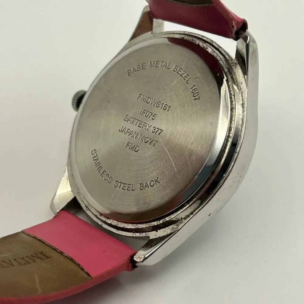Women’s Silver-Tone Pink Faux Leather Fashion Watch Working New Battery